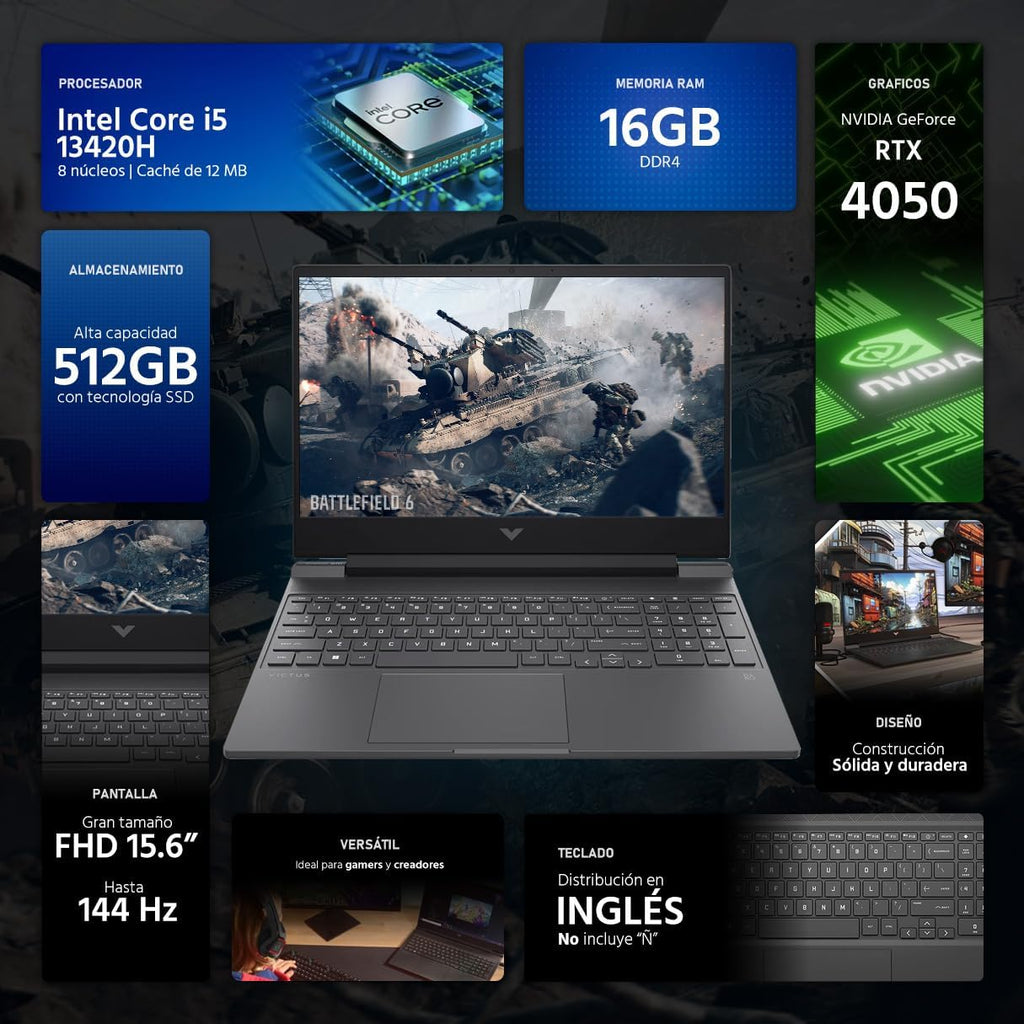HP NVIDIA GeForce RTX 4050 Laptop Gamer Victus 13420H 16GB RAM 512GB SSD 15.6" Windows 11 Home English Keyboard