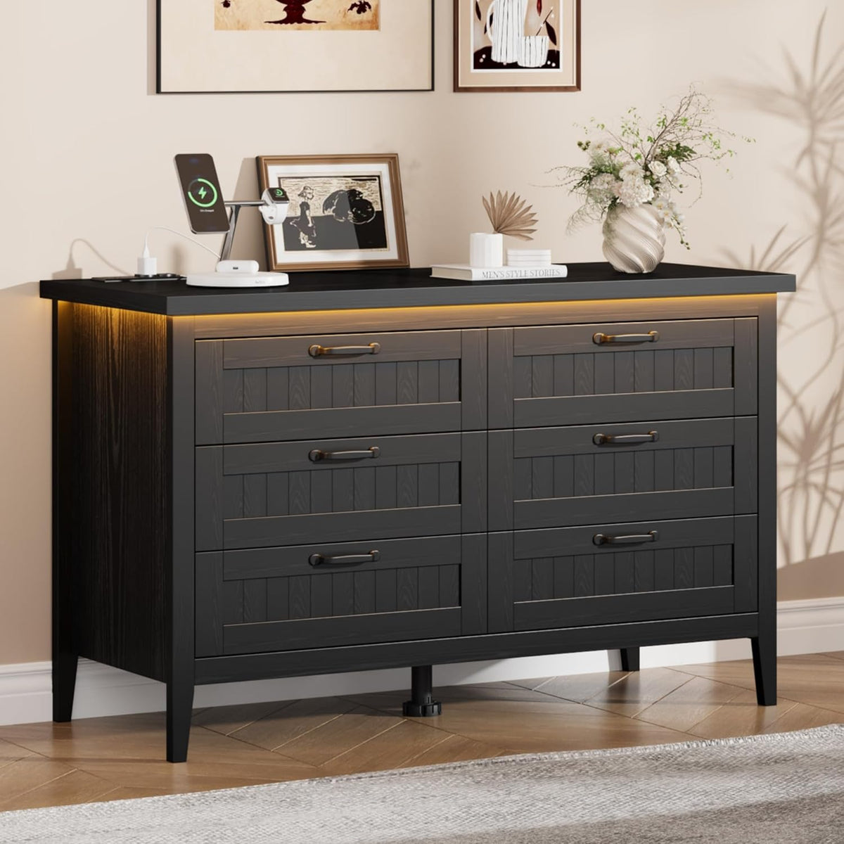 IDEALHOUSE 6 Drawer Dresser with Power Outlet, Black Dresser with LED Light, Modern Chest of Drawers for Closet, Double Wide Drawer Organizer Cabinet for Bedroom, Living Room
