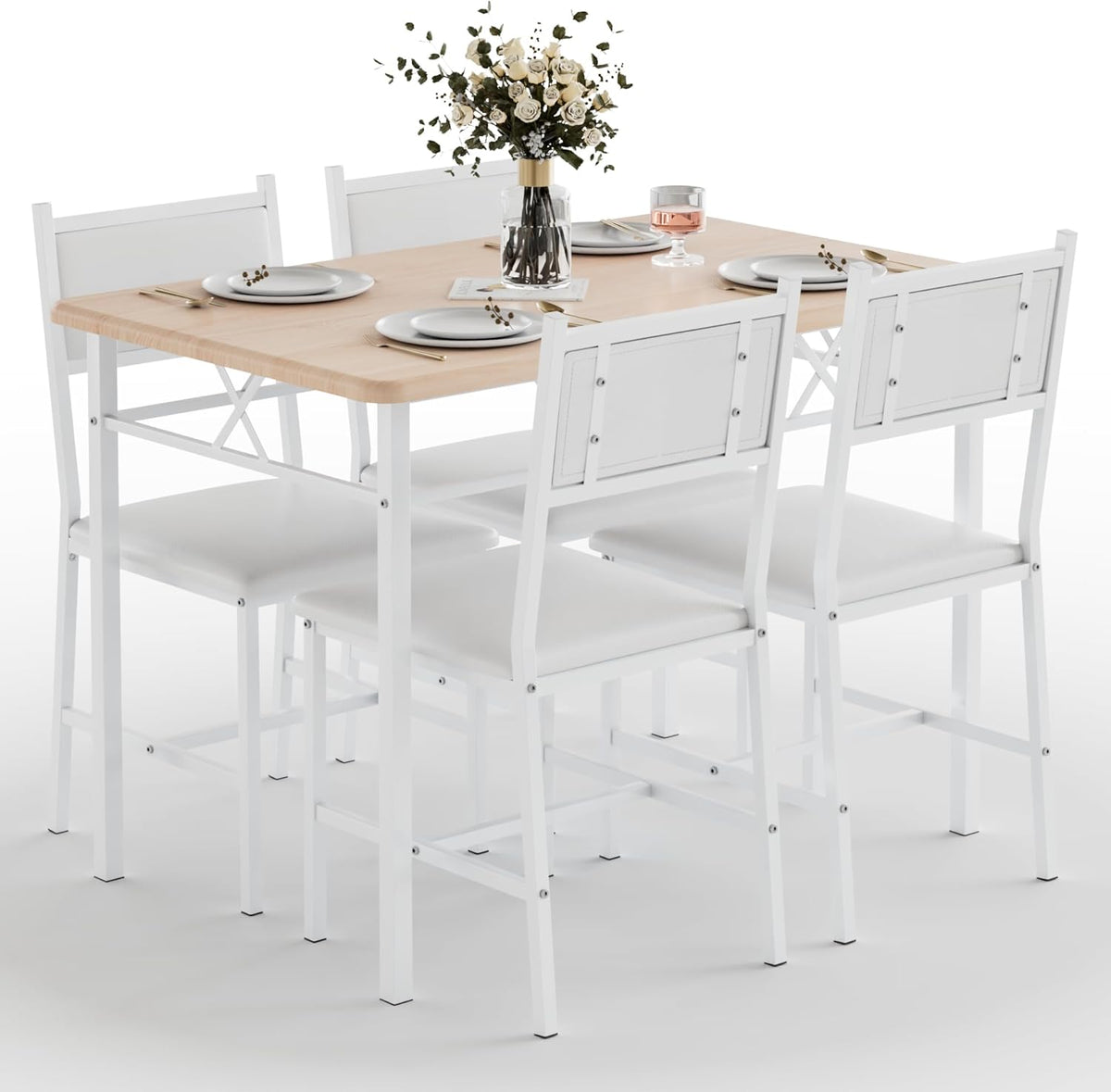 VECELO Dining Table Set for 4 with Chairs, 5-Piece Kitchen Table and Upholstered Padded Chairs Set for Small Space, Dining Room, Apartment, Natural White
