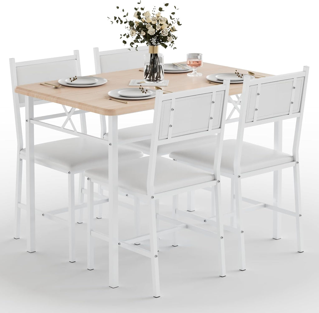 VECELO Dining Table Set for 4 with Chairs, 5-Piece Kitchen Table and Upholstered Padded Chairs Set for Small Space, Dining Room, Apartment, Natural White
