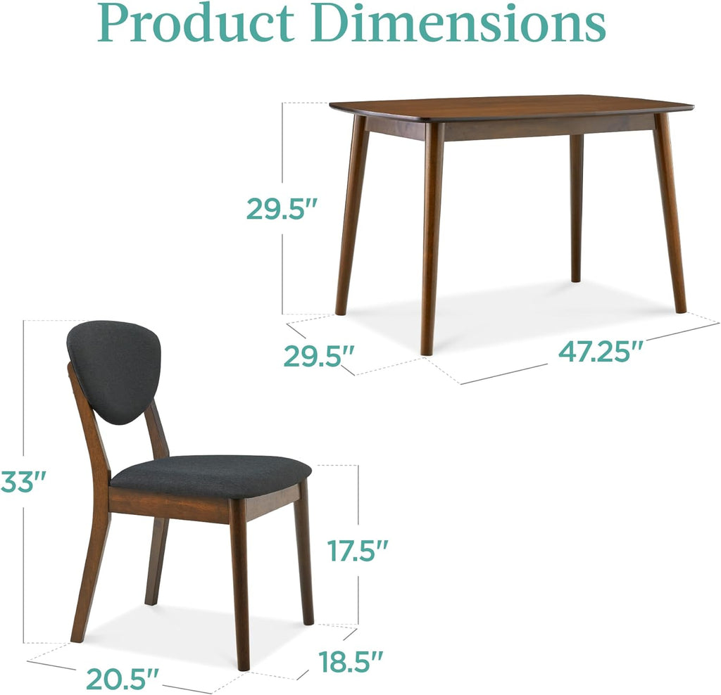 Best Choice Products 5-Piece Dining Set, Compact Mid-Century Modern Table & Chair Set for Home, Apartment w/ 4 Chairs, Padded Seats & Backrests, Wooden Frame - Walnut/Charcoal