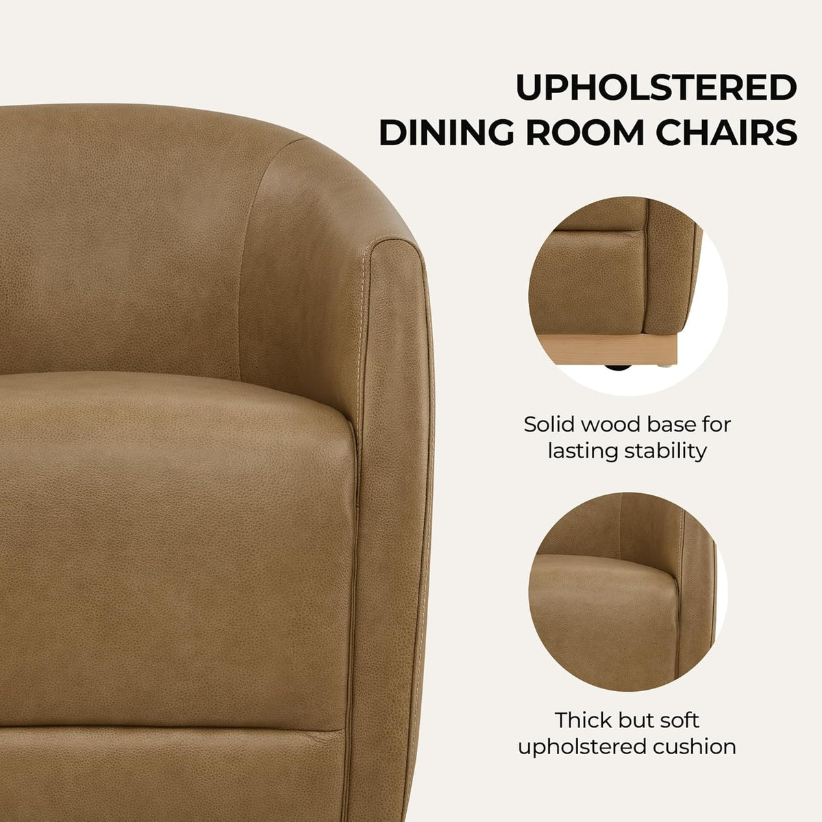 CHITA Upholstered Dining Chairs with Casters Set of 2, Genuine Leather Barrel Chair with Backrest & Dual Armrest, Rolling Chairs for Dining Room, Bedroom, Kitchen, Reading Room, Living Room (Mocha)