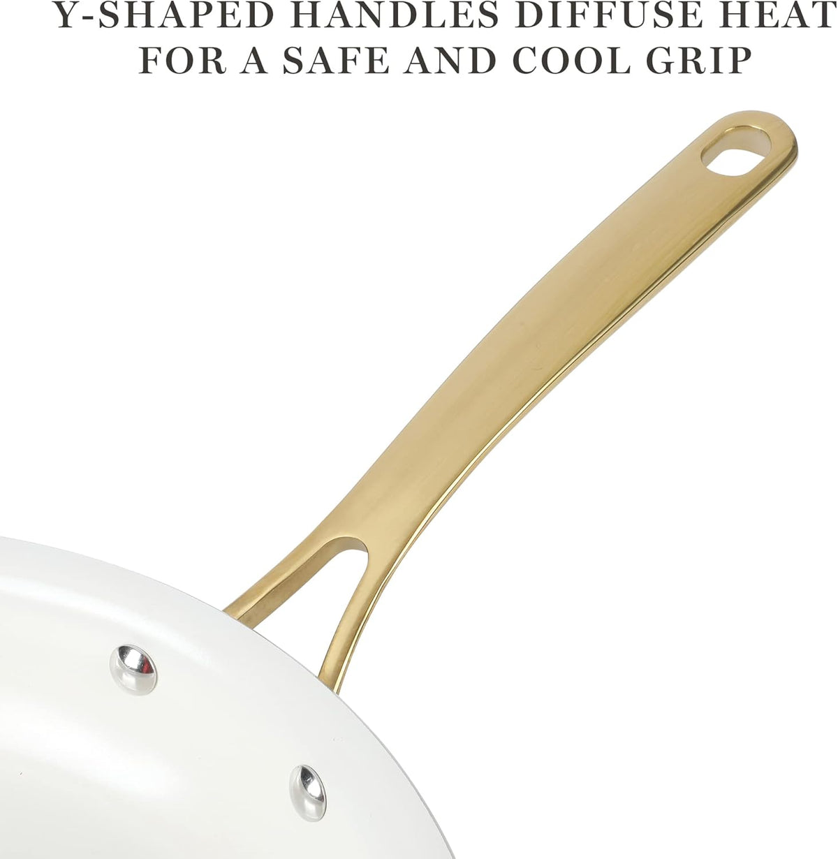 Martha Stewart Lockton Premium Non stick Non Toxic PFA Free Ceramic Interior 10 Piece Heavy Gauge Enamel Aluminum Pots and Pans Cookware Set - Linen White w/Gold Handle