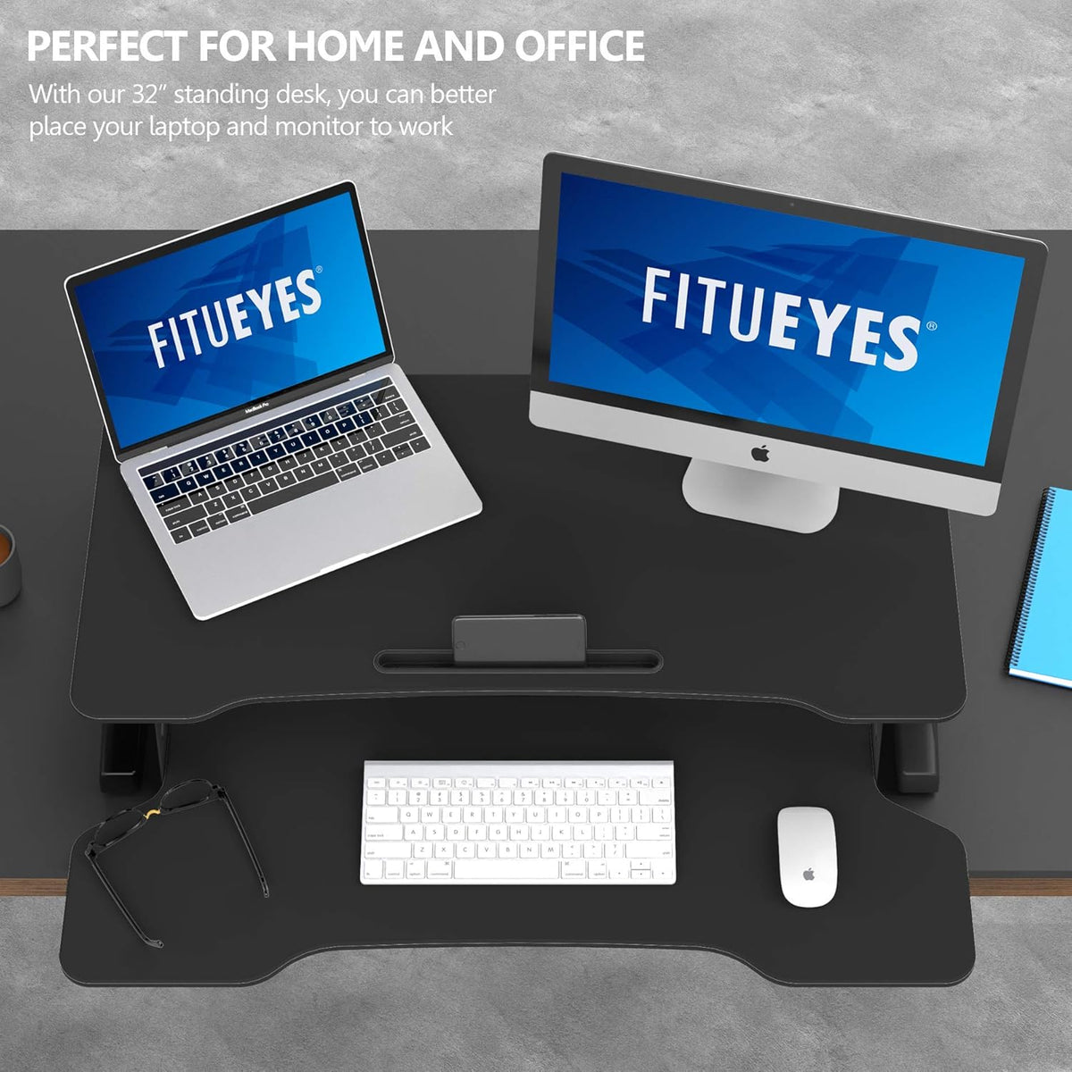 FITUEYES Height Adjustable Standing Desk 32” Wide Sit to Stand Converter Stand Up Desk Tabletop Workstation for Dual Monitor Riser FSD308001WB