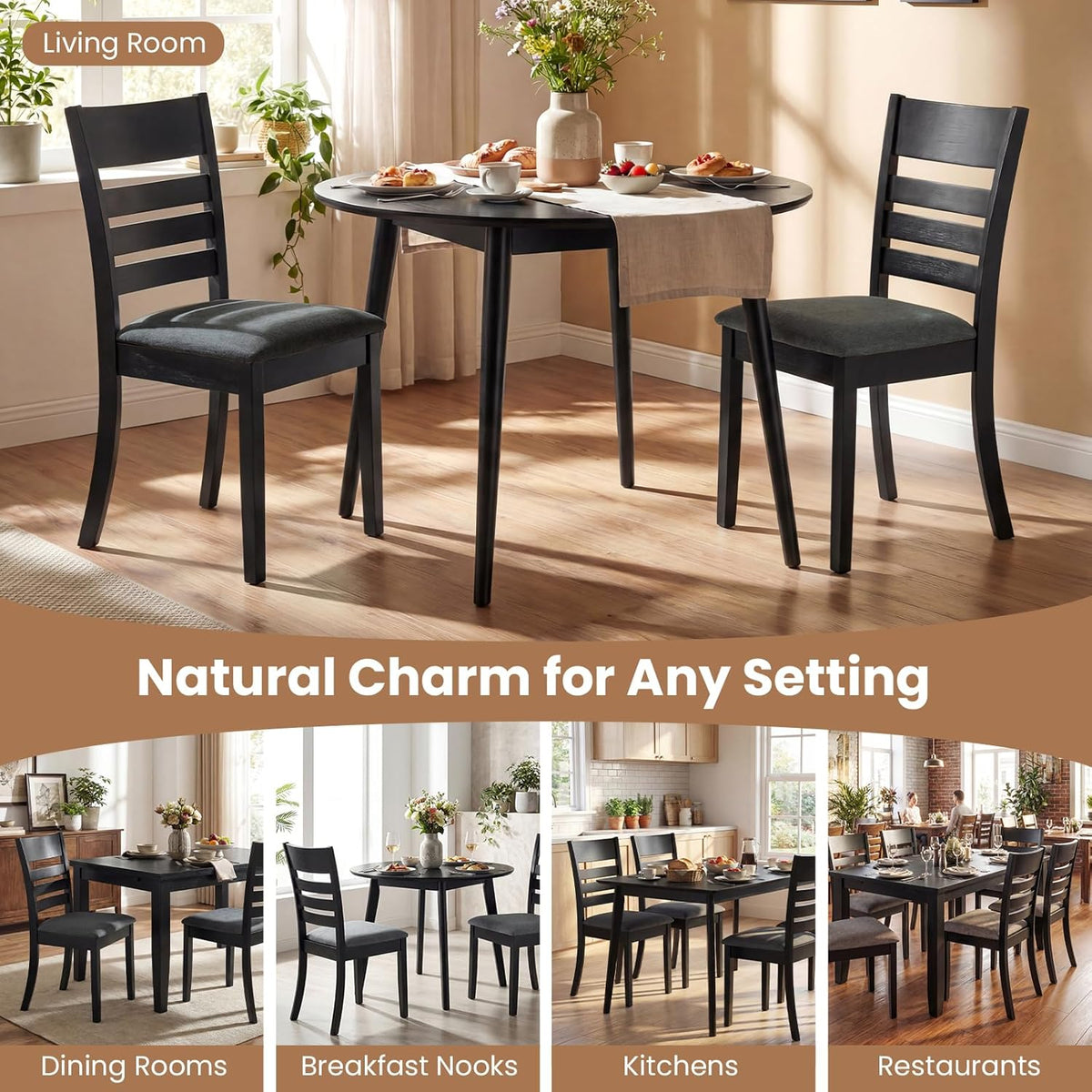 Giantex Wooden Dining Chairs Set of 4, Upholstered Black Kitchen Chair w/Rubber Wood Frame, Curved Slatted Backrest & Wide Padded Seat, Modern Dining Room Chairs for Living Room, Restaurant