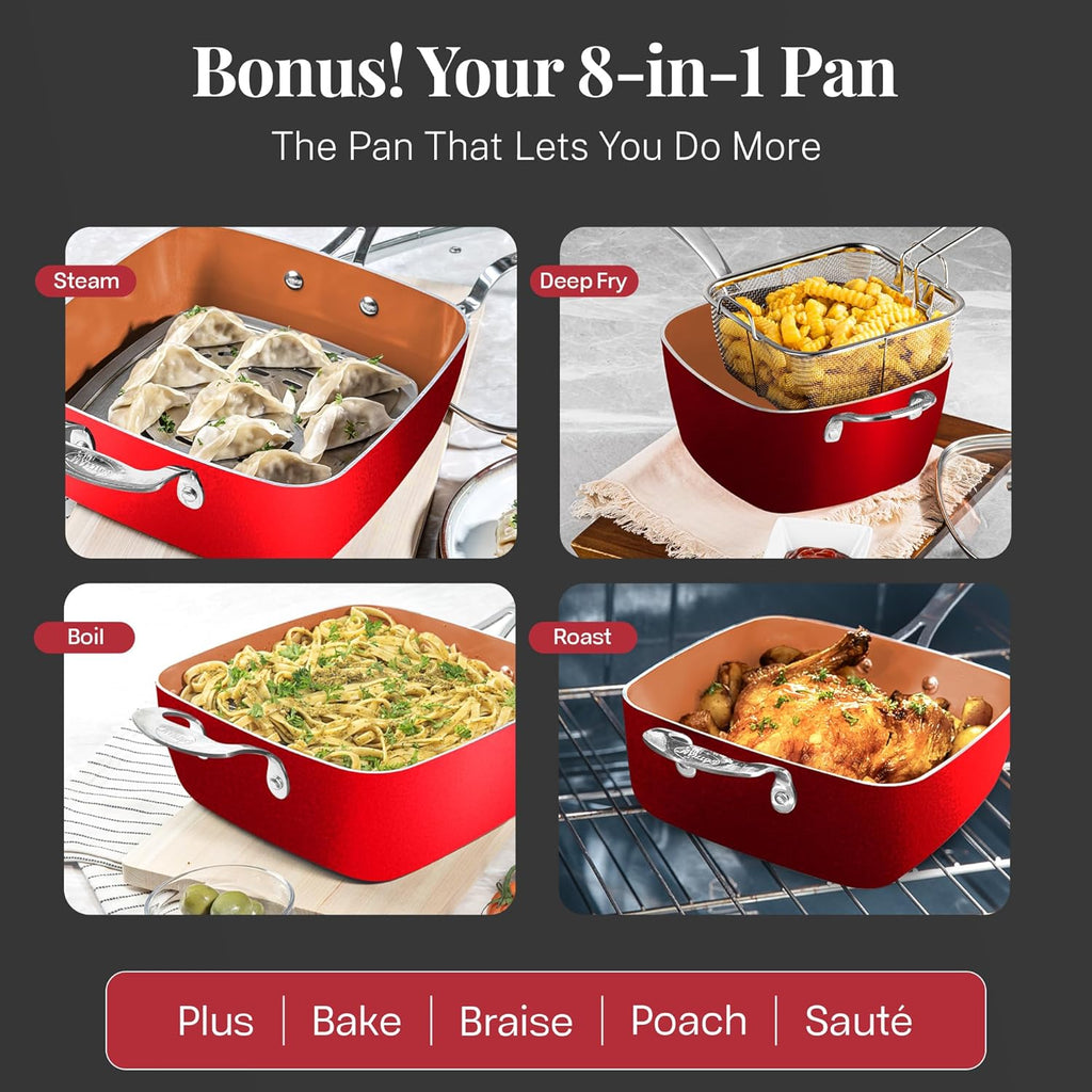 Gotham Steel 20 Pc Pots and Pans Set Nonstick Cookware + Bakeware Set, Complete Ceramic for Kitchen, Non Stick with Lids, Dishwasher / Oven Safe, Toxic - Red