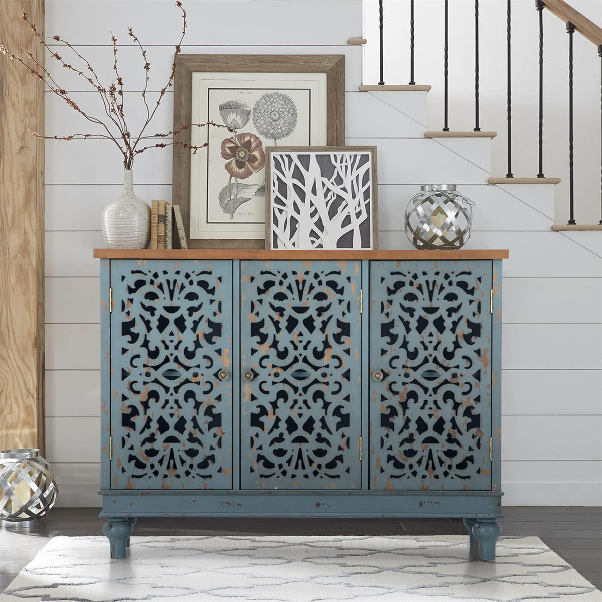 Sophia & William Sideboard Buffet Credenza Cabinet, 3-Door Hollow-Carved Accent Cabinet, Distressed Sideboard Storage Cabinet with Wood Veneer for Kitchen, Living Room, Dining Room, Entryway, Blue | 3-Door