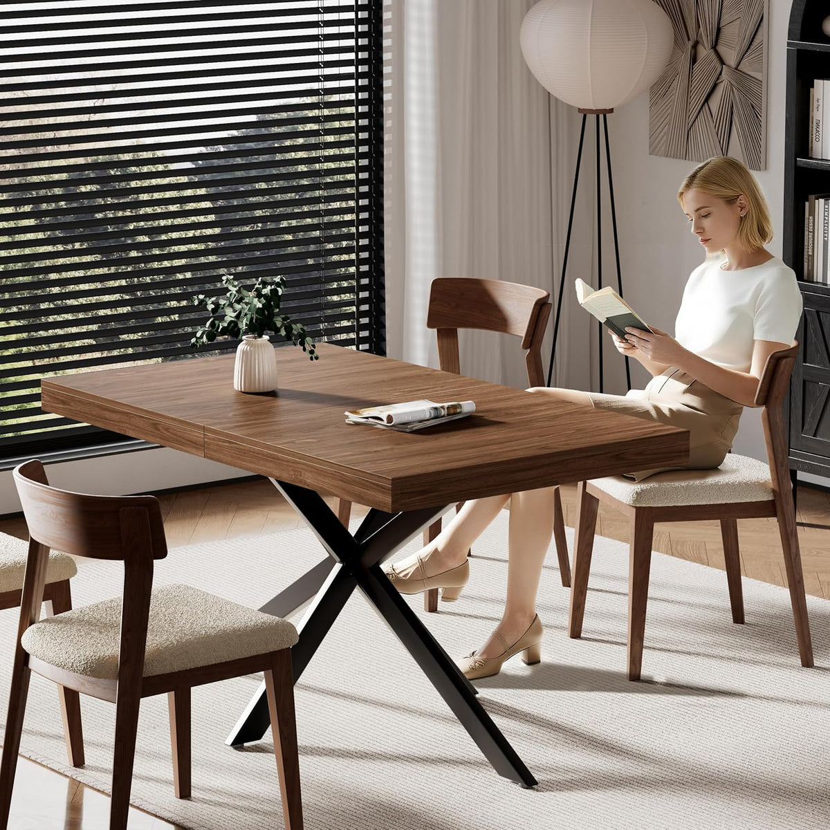 Extendable Dining Room Table for 4 6 8, 55"-70.9" Long Rectangle Kitchen Table,Wood Expandable Dining Table with Hidden Leaf & Storage, Space Saving, For Kitchen Dining Living Room, Farmhouse, Walnut