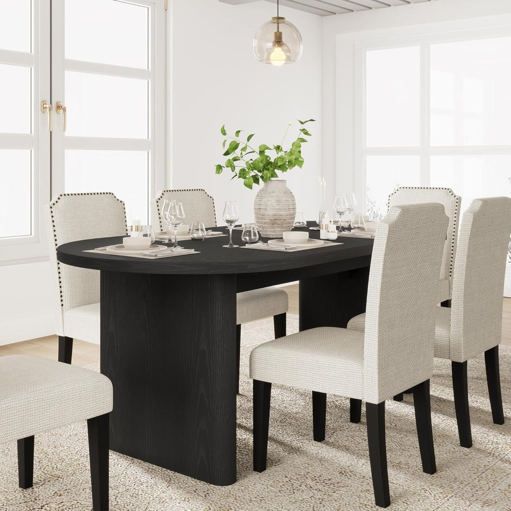 GarveeHome 7-Piece 70.8 Inch Oval Dining Table Set with Upholstered Dining Chairs, Kitchen Table with Wood Base, High Back Dining Chair with Wood Legs for Kitchen (1* Table + 6* Chairs, Black+Beige)