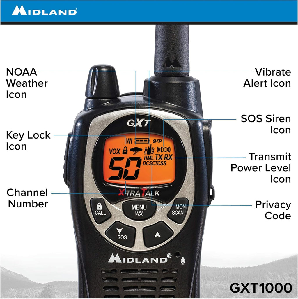 Midland GXT1000VP4 50 Channel GMRS Two-Way Radio - Up to 36 Mile Range Walkie Talkie - Black/Silver (Pack of 6)