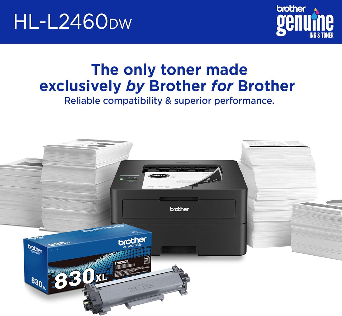 Brother HL-L2460DW Wireless Compact Monochrome Laser Printer with Duplex, Mobile Printing, Black & White Output | Includes Refresh Subscription Trial(1), Works with Alexa