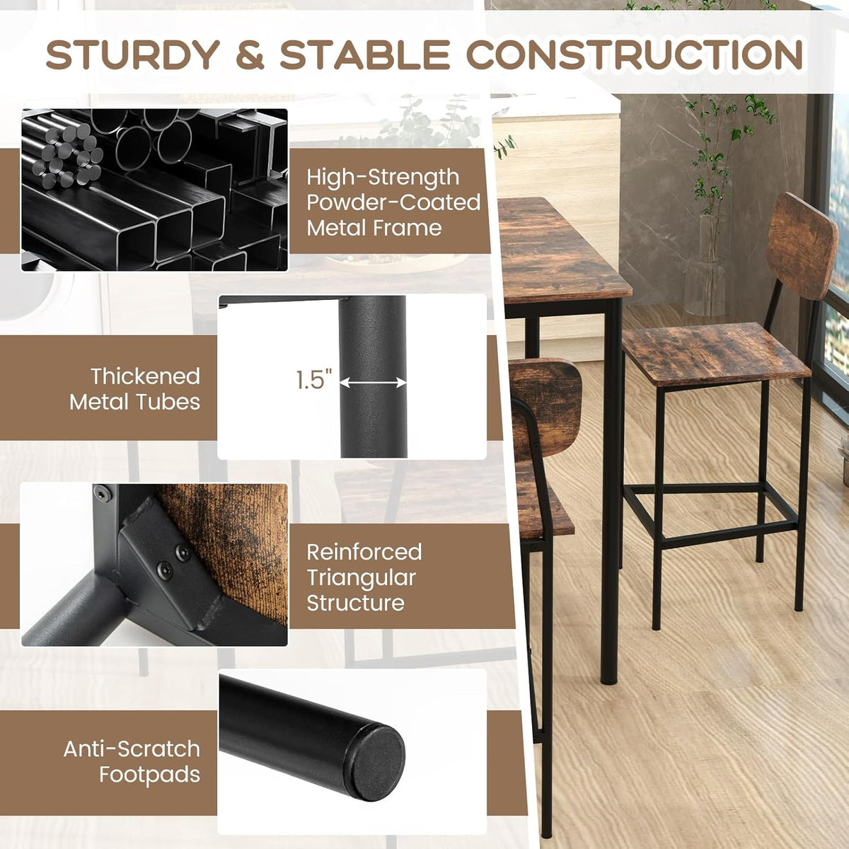 Giantex 5-Piece Dining Table Set W/Counter Height Table & 4 Bar Stools, Industrial Kitchen Dining Set W/Footrest & Backrest, Space-Saving Dinette Set for Pub, Dining Room, Restaurant (Mix Brown)