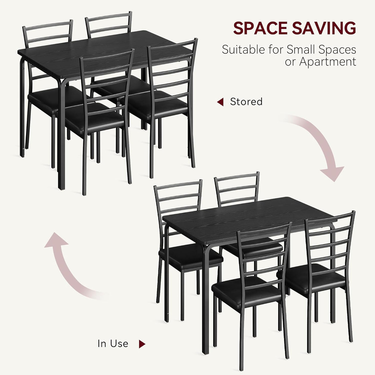 5-Piece Dining Table Set with 4 Chairs, MDF & Metal Construction, Upholstered Seat Dining Set for Small Space, Apartment, Kitchen