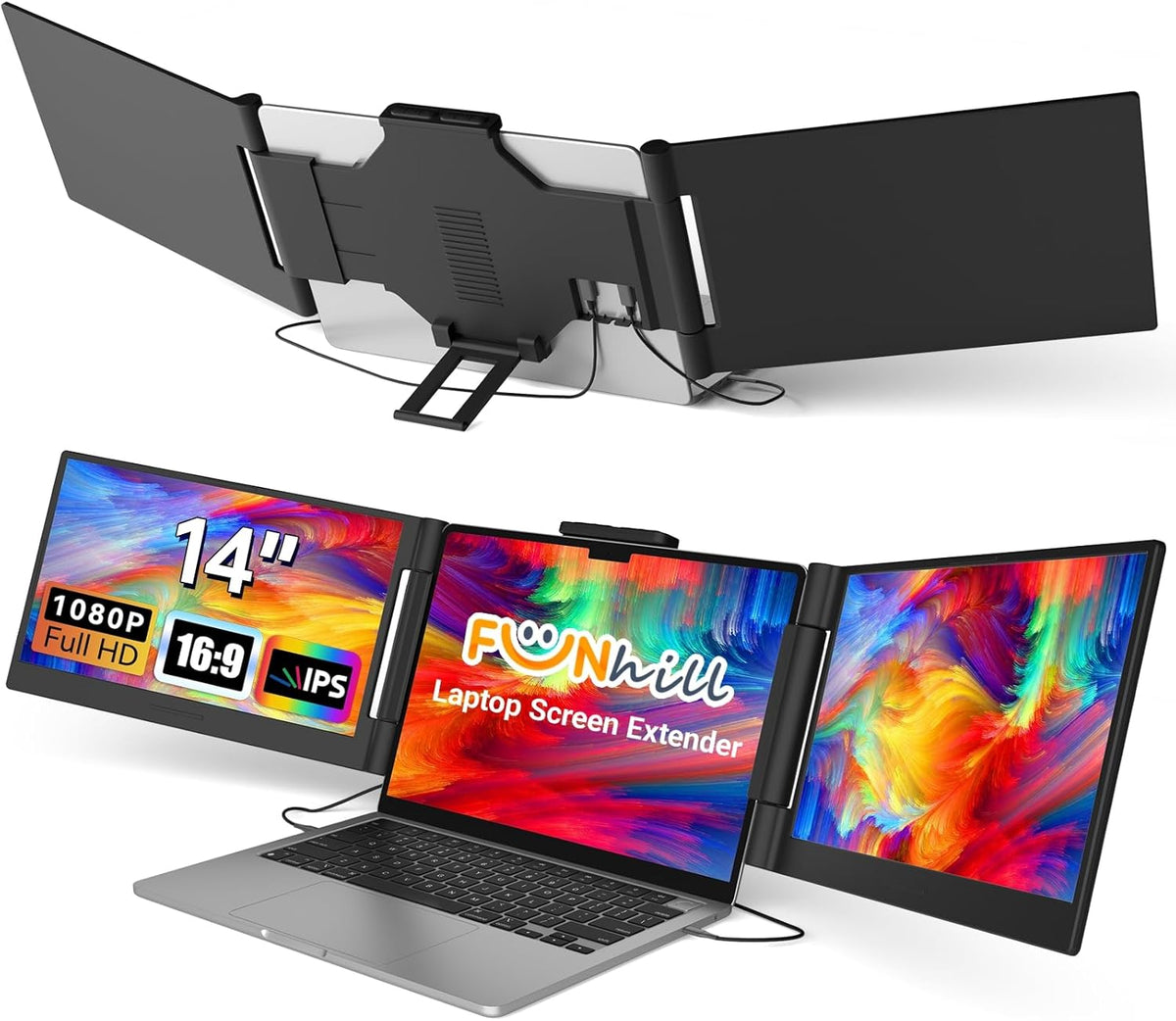 Funhill Laptop Screen Extender 14 inch Laptop Monitor Extender 1080P IPS, Triple Portable Monitor for Laptops 13-17.3" with Display/HDMI Port, Plug-Play Portable Screen for Windows/Chrome/Android