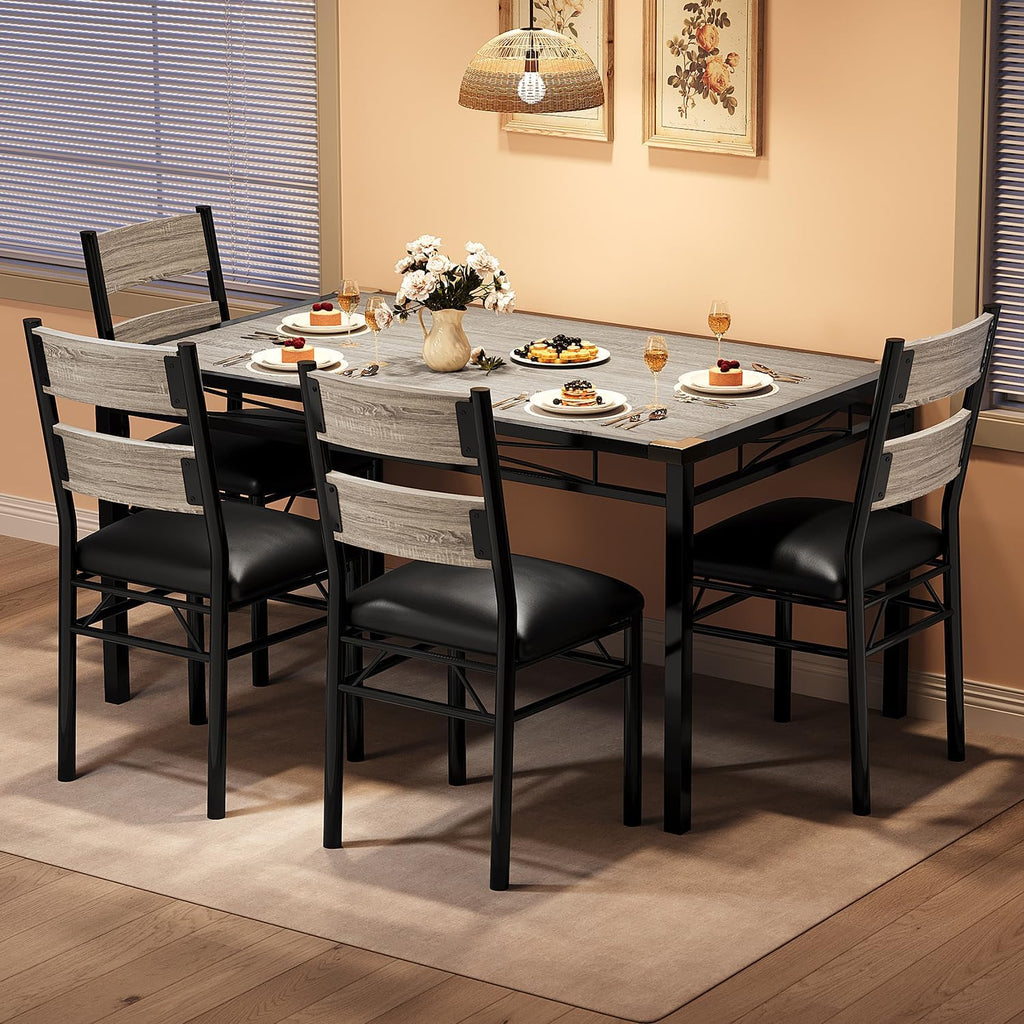 Garvee Wood Dining Table Set for 4 with Upholstered Chairs, Kitchen Table Chairs Set of 4 with Corner Protector, Dining Room Table Set for 4, for Kitchen, Apartment, Retro Gray