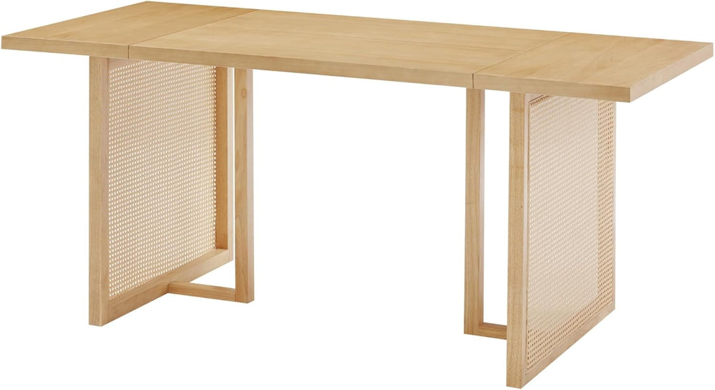 Nathan James Willow Boho Dining Table for 6 with Solid Wood Legs, 6-Person Natural Wood Dining Table, Warm Pine or Brown with Bohemian Rattan Accent