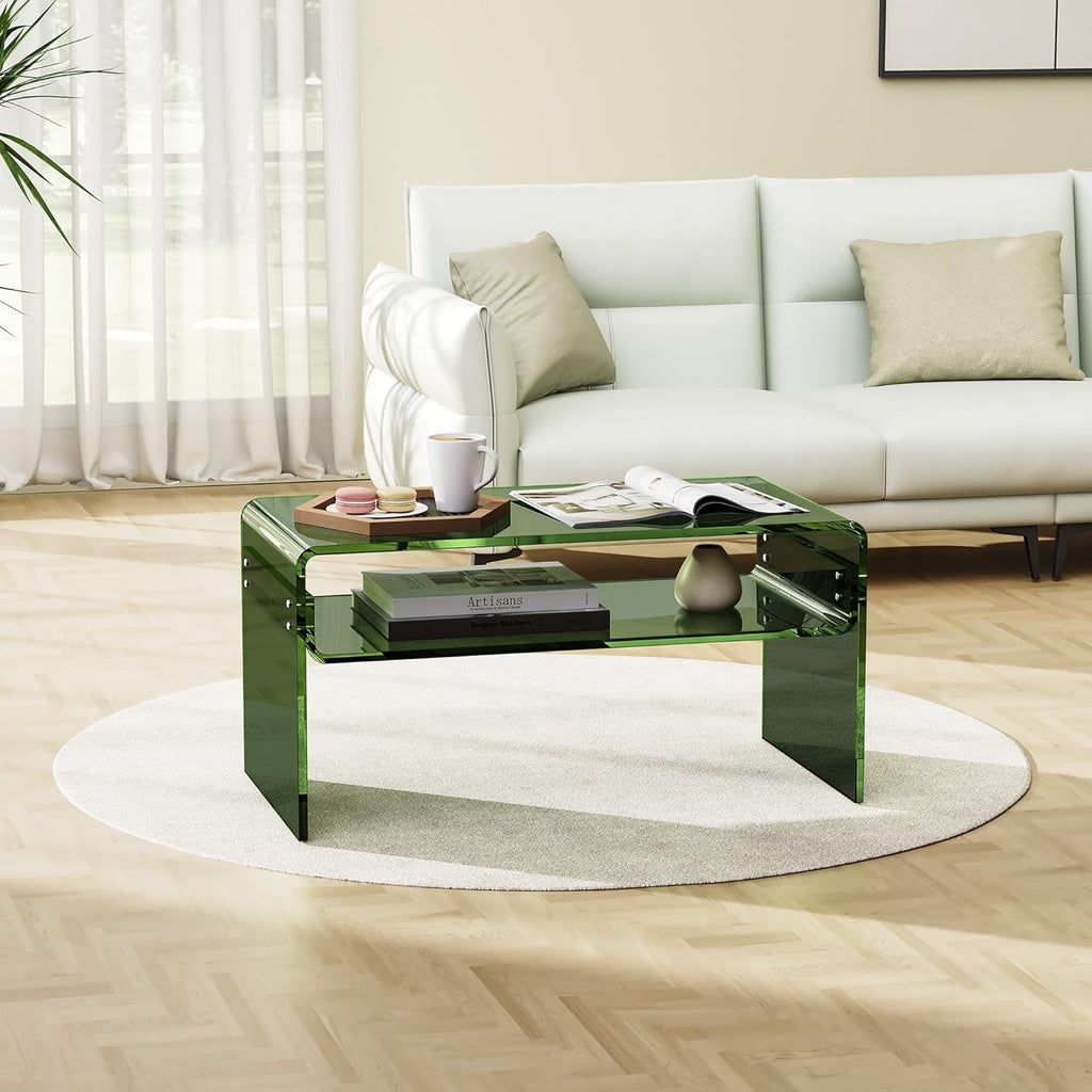 Acrylic Coffee Table for Living Room Clear Rectangle Lucite Table with Open Storage Shelf (1, Green, Nomal)