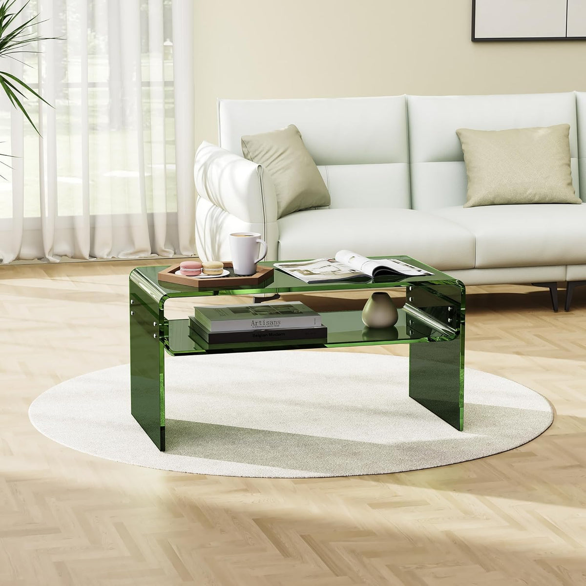 Acrylic Coffee Table for Living Room Clear Rectangle Lucite Table with Open Storage Shelf (1, Green, Nomal)