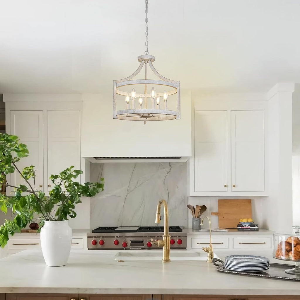 6-Light Farmhouse Chandelier, 19.3'' Vintage Chandeliers for Dining Room, Antique White Semi Flush Mount Ceiling Light, Rustic Metal Hanging Pendant Light Fixture for Entryway Foyer Hallway