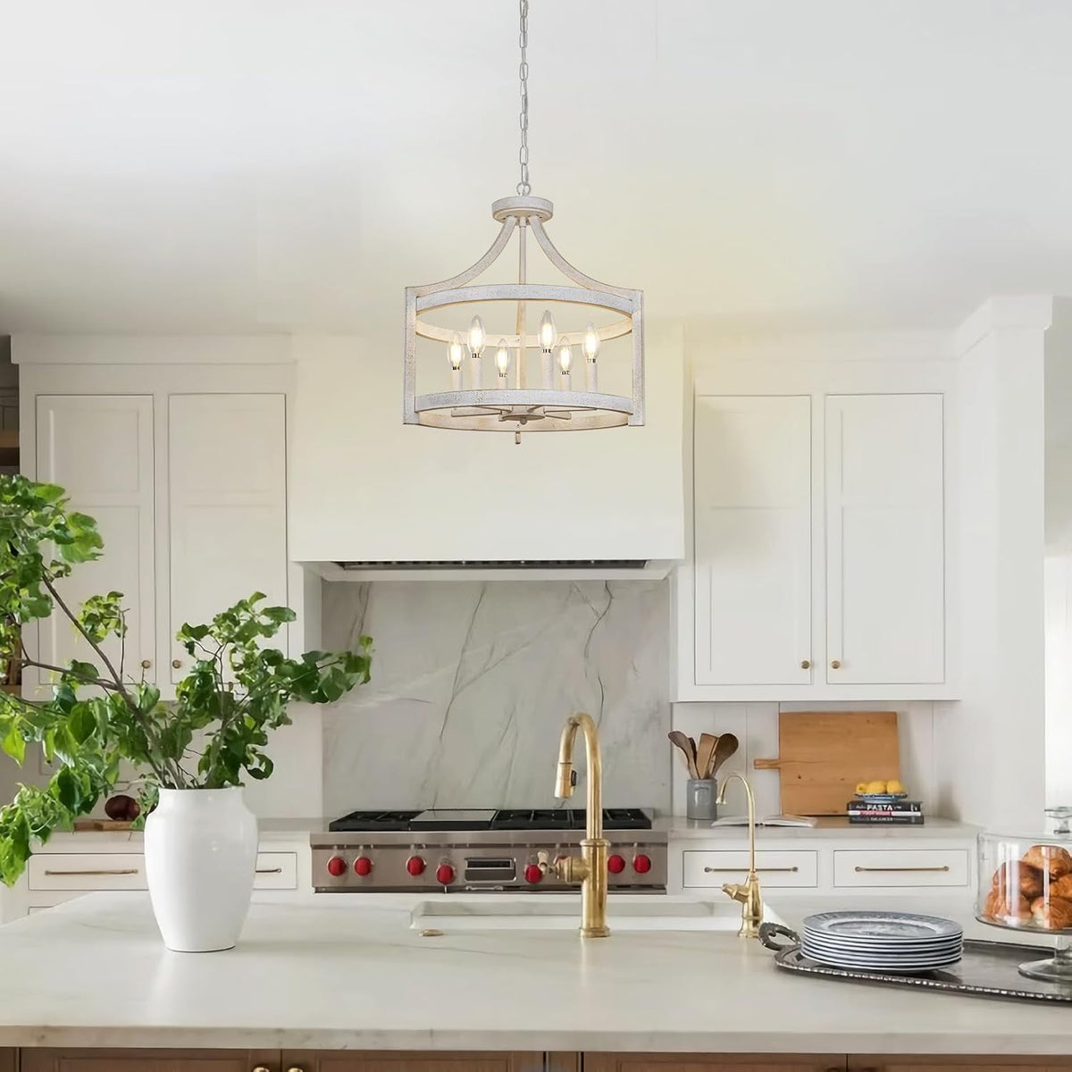 6-Light Farmhouse Chandelier, 19.3'' Vintage Chandeliers for Dining Room, Antique White Semi Flush Mount Ceiling Light, Rustic Metal Hanging Pendant Light Fixture for Entryway Foyer Hallway