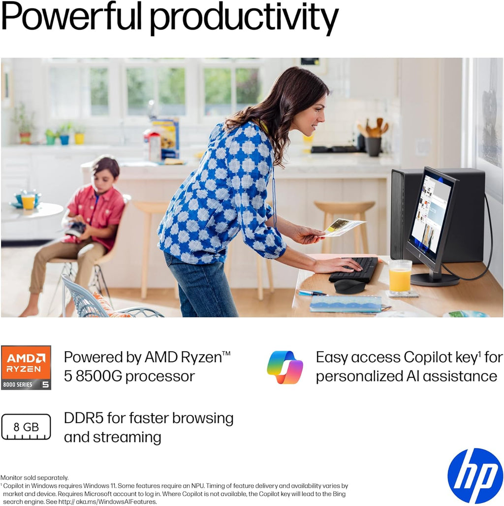 HP OmniDesk Desktop PC, AMD Ryzen 5 8500G, 8 GB RAM, 512 GB SSD, AMD Radeon 740M Graphics, Windows 11 Home, Microsoft Copilot, Gray Wood, M02-0310 (2025)