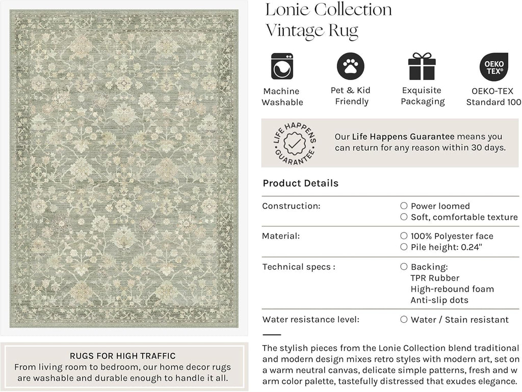 HUGEAR 8x10 Area Rugs for Living Room Washable Rug Carpet Green Neutral Bedroom Rug Non Slip Soft Low Pile Retro Distressed Stain Resistant for Home Dining Room Office Farmhouse