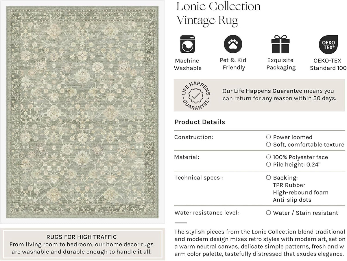 HUGEAR 8x10 Area Rugs for Living Room Washable Rug Carpet Green Neutral Bedroom Rug Non Slip Soft Low Pile Retro Distressed Stain Resistant for Home Dining Room Office Farmhouse
