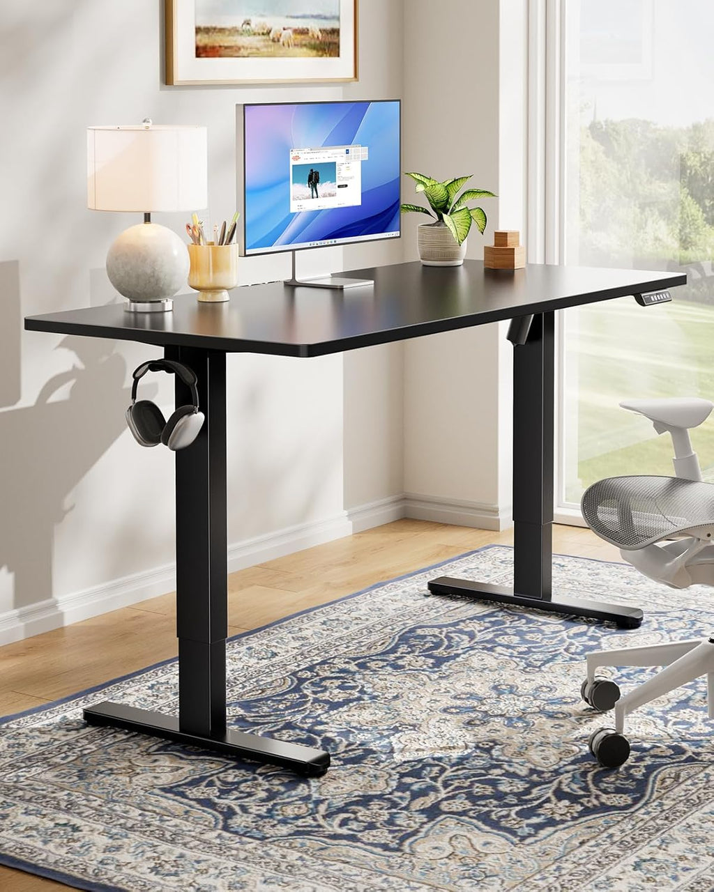 HUANUO Electric Standing Desk, Whole Piece Desktop, Adjustable Height Computer Desks, 4 Height Memory Settings, Sit Stand Up Desk for Home Office, 48" x 24", Black