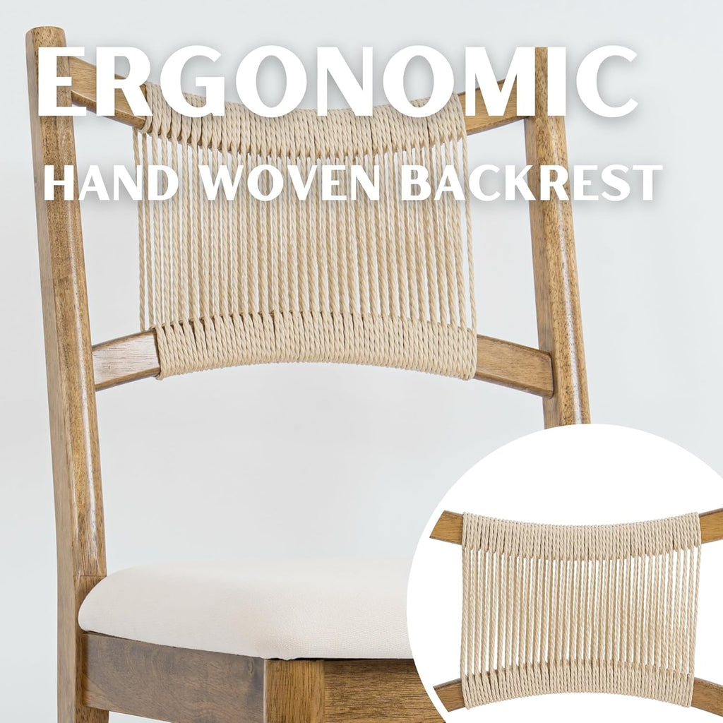 RIVOVA Wooden Dining Chairs Set of 4 Fabric Upholstered Dining Room Chairs Kitchen Side Chair with Woven Seagrass Back Farmhouse Dinner Chair, Beige