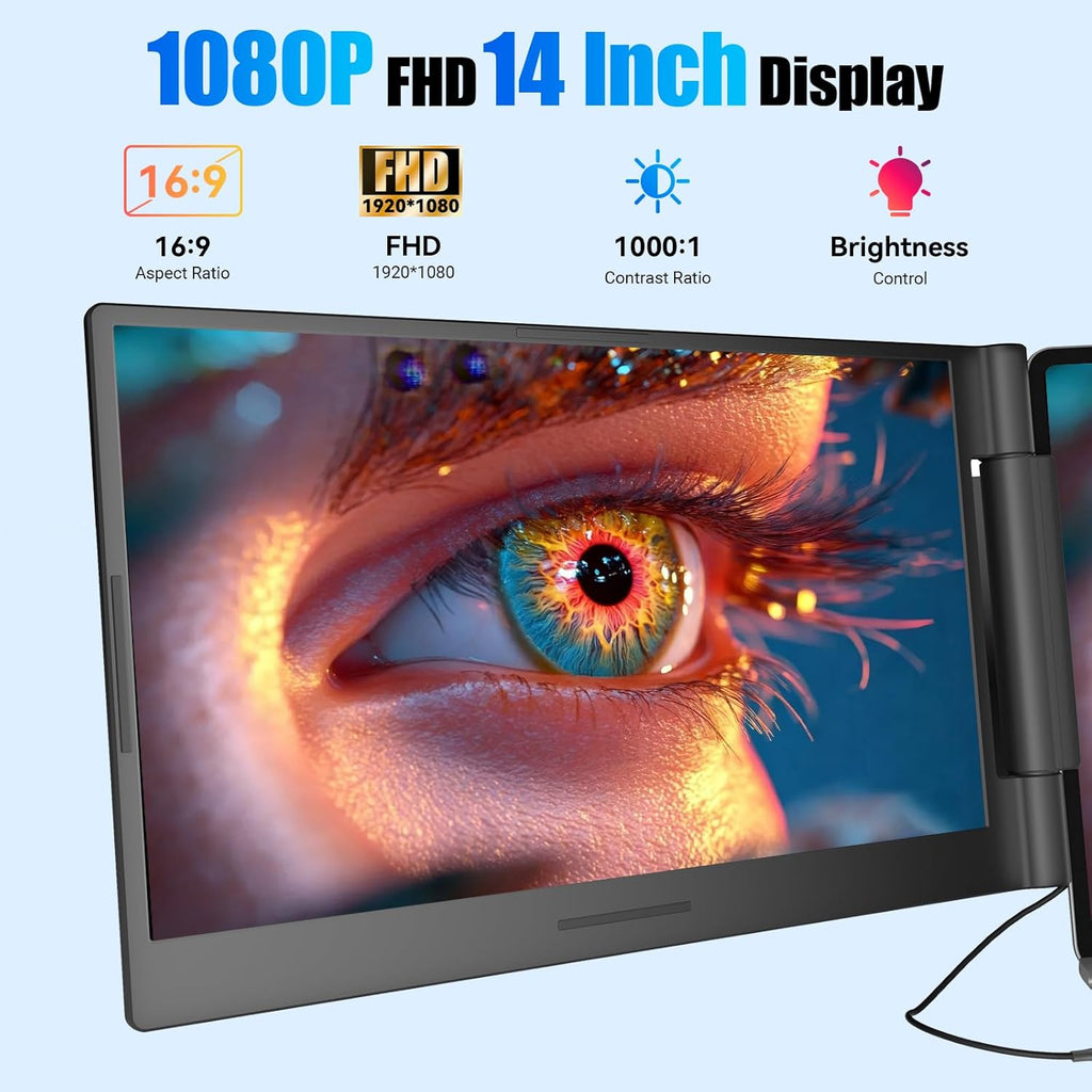 Funhill Laptop Screen Extender 14 inch Laptop Monitor Extender 1080P IPS, Triple Portable Monitor for Laptops 13-17.3" with Display/HDMI Port, Plug-Play Portable Screen for Windows/Chrome/Android