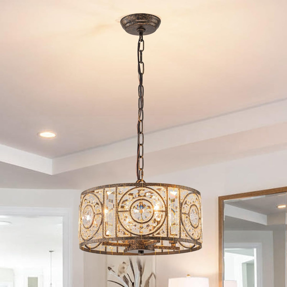 Bronze Vintage Crystal Chandeliers for Dining Room 14.17" Drum Pendant Lights, Dining Room Light Fixtures Over Table, Hanging Chandelier for High Ceiling Kitchen Island Living Room Foyer