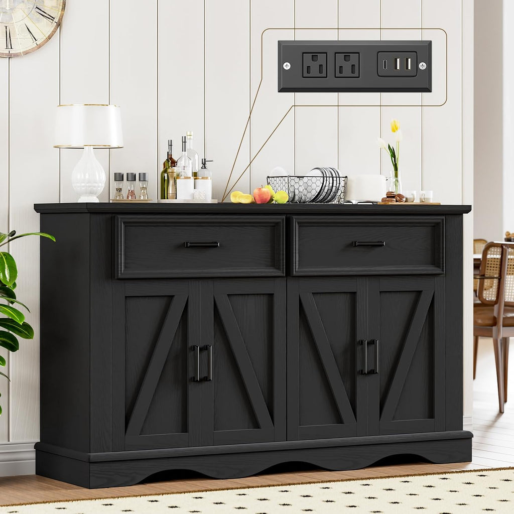 56" Large Wooden Buffet Cabinet with Storage, Modern Coffee Bar and Wine Bar, Wave Base Design, Multi-Purpose Buffet Table with Charging Station for Dining Room, Kitchen or Living Room, Black
