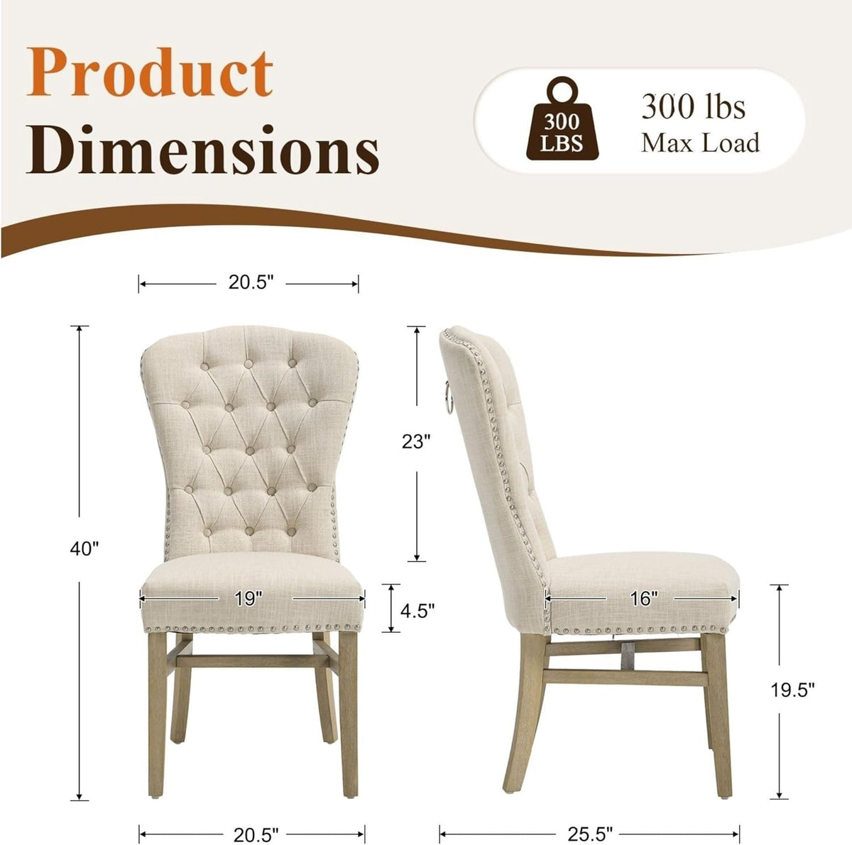Tufted High Back Dining Chairs Set of 6, Linen Upholstered Farmhouse Kitchen Chairs, French Country Armless Wooden Side Chairs with Nailhead Trim for Dining/Kitchen/Living Room, Beige