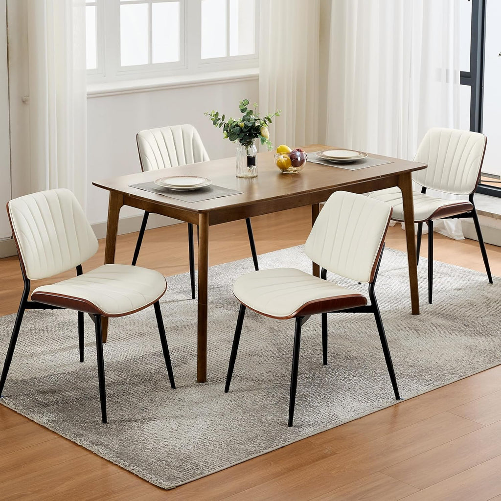 Garvee Dining Chairs Set of 4, Mid-Century Modern Upholstered Retro PU Leather Kitchen Chairs with Walnut Bentwood Back and Metal Legs Adjustable Feet for Kitchen Dining Room, White Shell Strips
