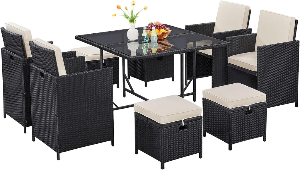 Yaheetech 9-Piece Patio Dining Sets, Outdoor Space Saving Rattan Chairs with Glass Table, Wicker Sectional Conversation Furniture Set with Removeable Cushions, Black/Beige