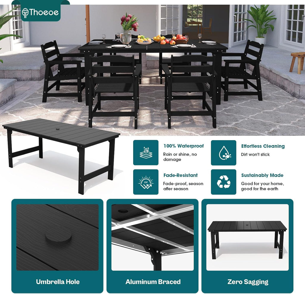 THOEOE 7 Piece Outdoor Dining Set, Patio Dining Table and 6 Chairs, All-Aluminum Frame, All-Weather HDPE Outdoor Furniture with Umbrella Hole for Garden, Lawn, Poolside, Black