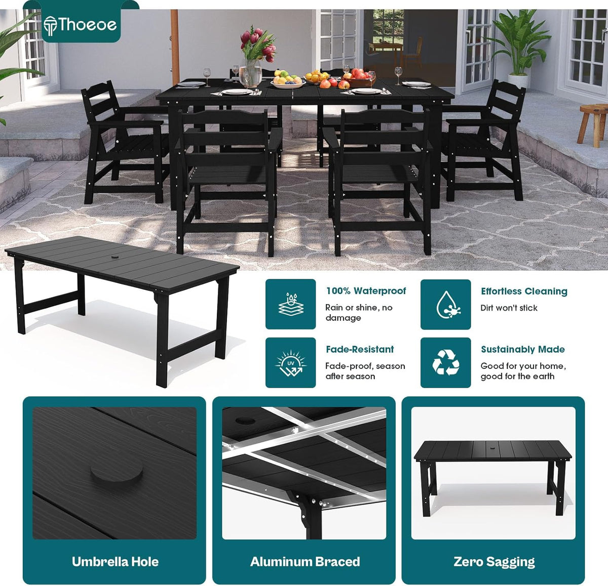 THOEOE 7 Piece Outdoor Dining Set, Patio Dining Table and 6 Chairs, All-Aluminum Frame, All-Weather HDPE Outdoor Furniture with Umbrella Hole for Garden, Lawn, Poolside, Black