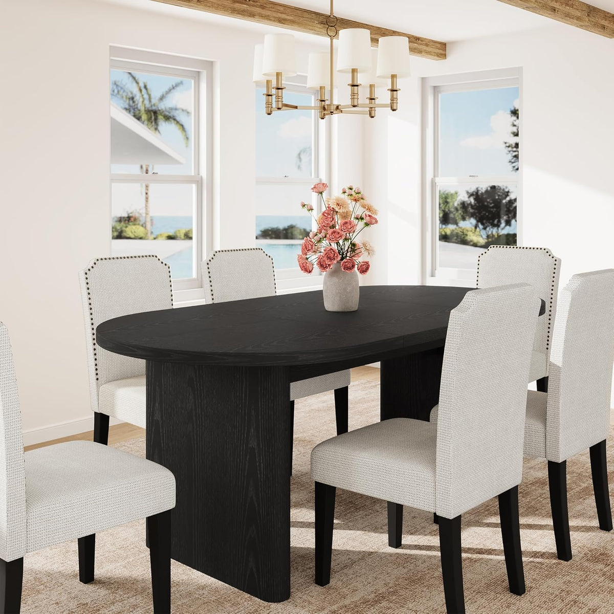 GarveeHome 7-Piece 70.8 Inch Oval Dining Table Set with Upholstered Dining Chairs, Kitchen Table with Wood Base, High Back Dining Chair with Wood Legs for Kitchen (1* Table + 6* Chairs, Black+Beige)