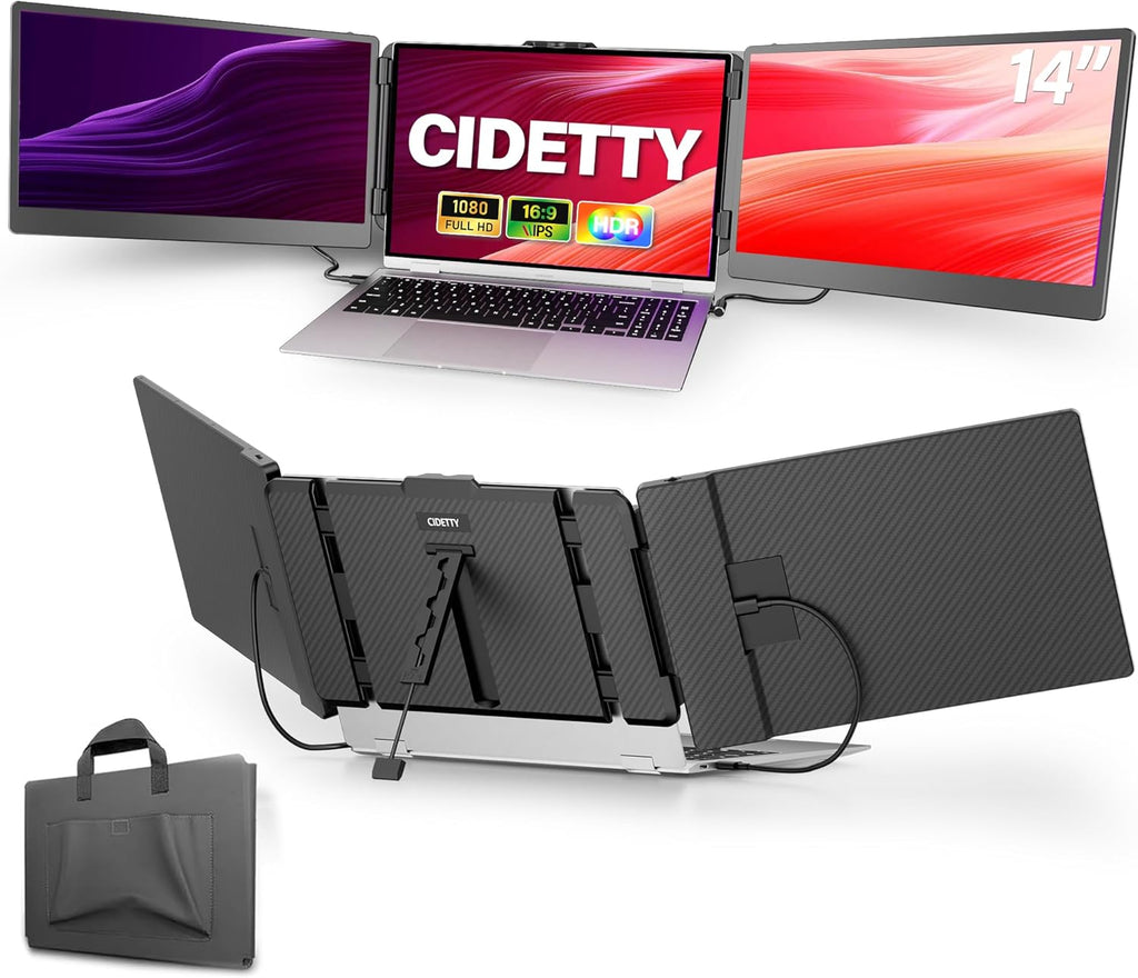 CIDETTY Laptop Screen Extender, 14'' FHD 1080P IPS Ultra-Thin Dual/Triple Monitor Display, HDMI/USB-C Plug-Play Portable Monitor for Laptop, Built-in Speakers(Mac, Win, Android)