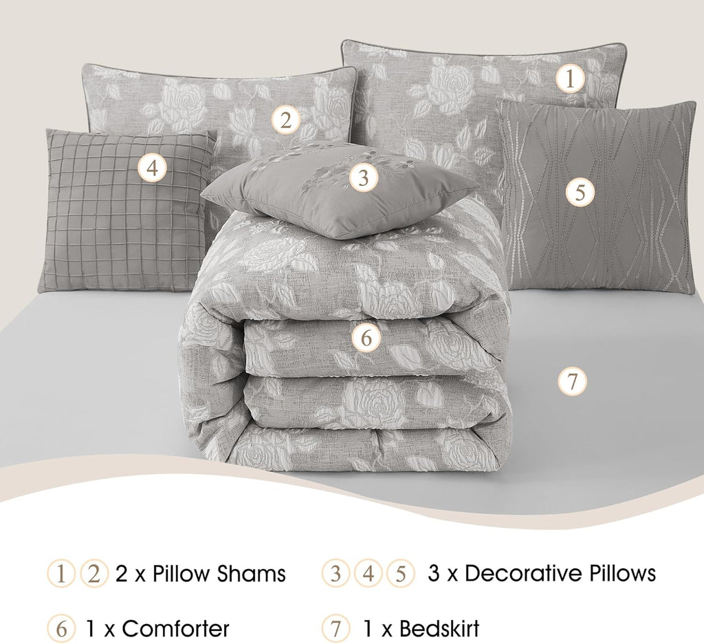 Stratford Park Elegant Grey Floral Comforter Set, 7 Piece Jacquard Bedding Set Queen, Waffle Weave Texture All Season Bedding Set, Matching Bed Skirt, Pillows & Shams