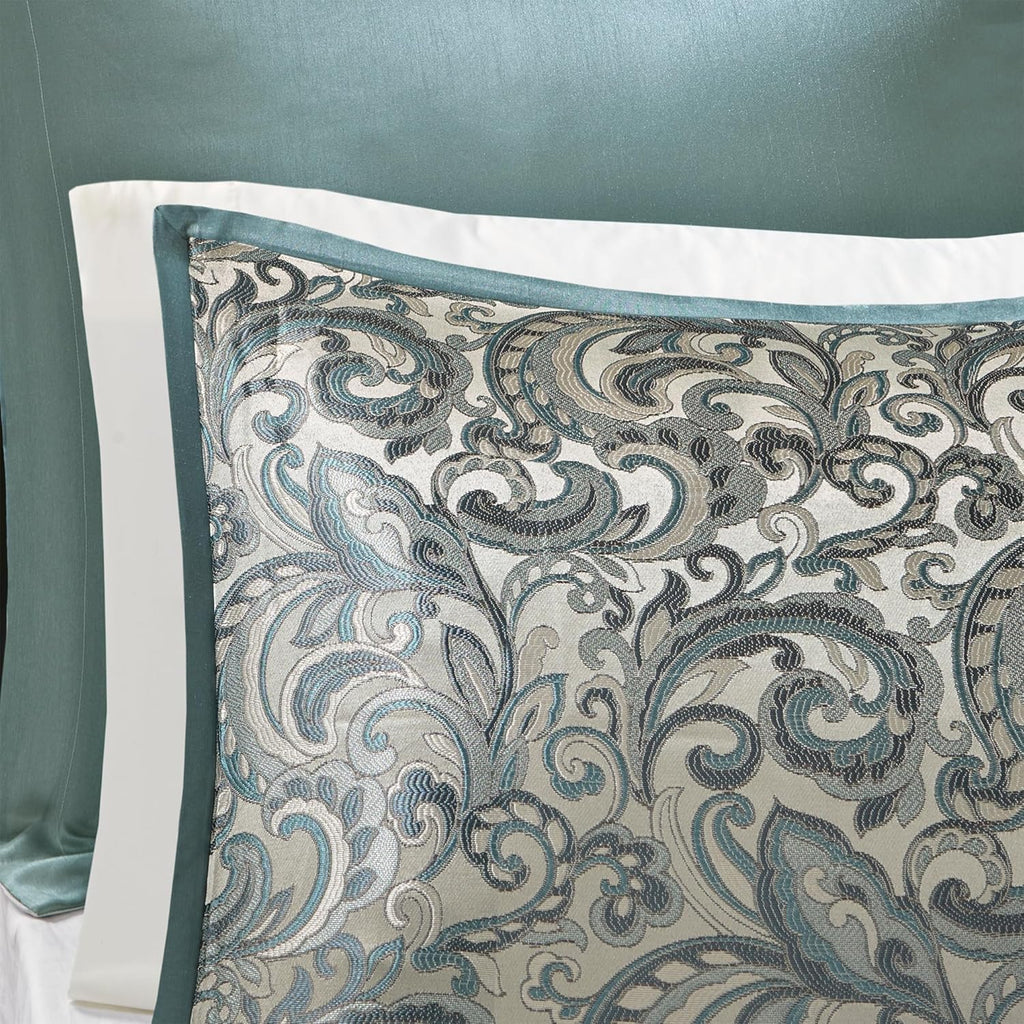 Madison Park 24 Piece Faux Silk Paisley Queen Comforter Set with Matching Curtains, Down Alternative Hypoallergenic - Teal, Queen (90 in x 90 in)