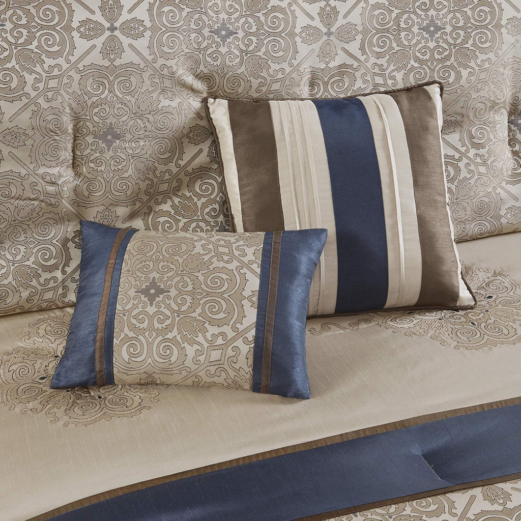 Madison Park Essentials Delaney 24-Piece Room In A Bag Comforter Set-Satin Jacquard All Season Luxury Bedding, Sheets, decorative pillows and Curtains, Valance, Queen (90 in x 90 in), Medallion Navy