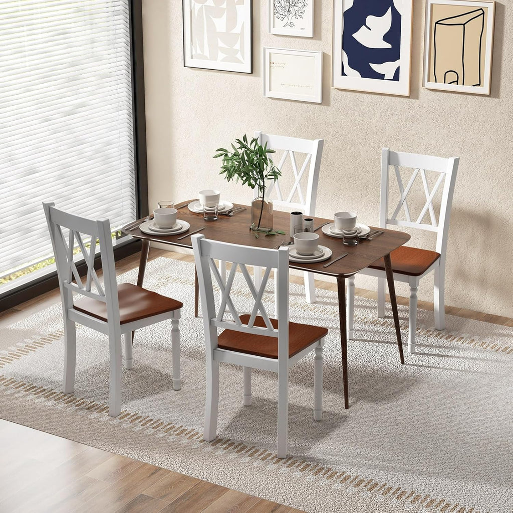 Giantex Dining Room Chairs Set of 4 White - Wooden Farmhouse Kitchen Chairs with Rubber Wood Seat, Acacia Wood Legs, Max Load 360 Lbs, Heavy Duty Wood Armless Dining Chairs with High Back