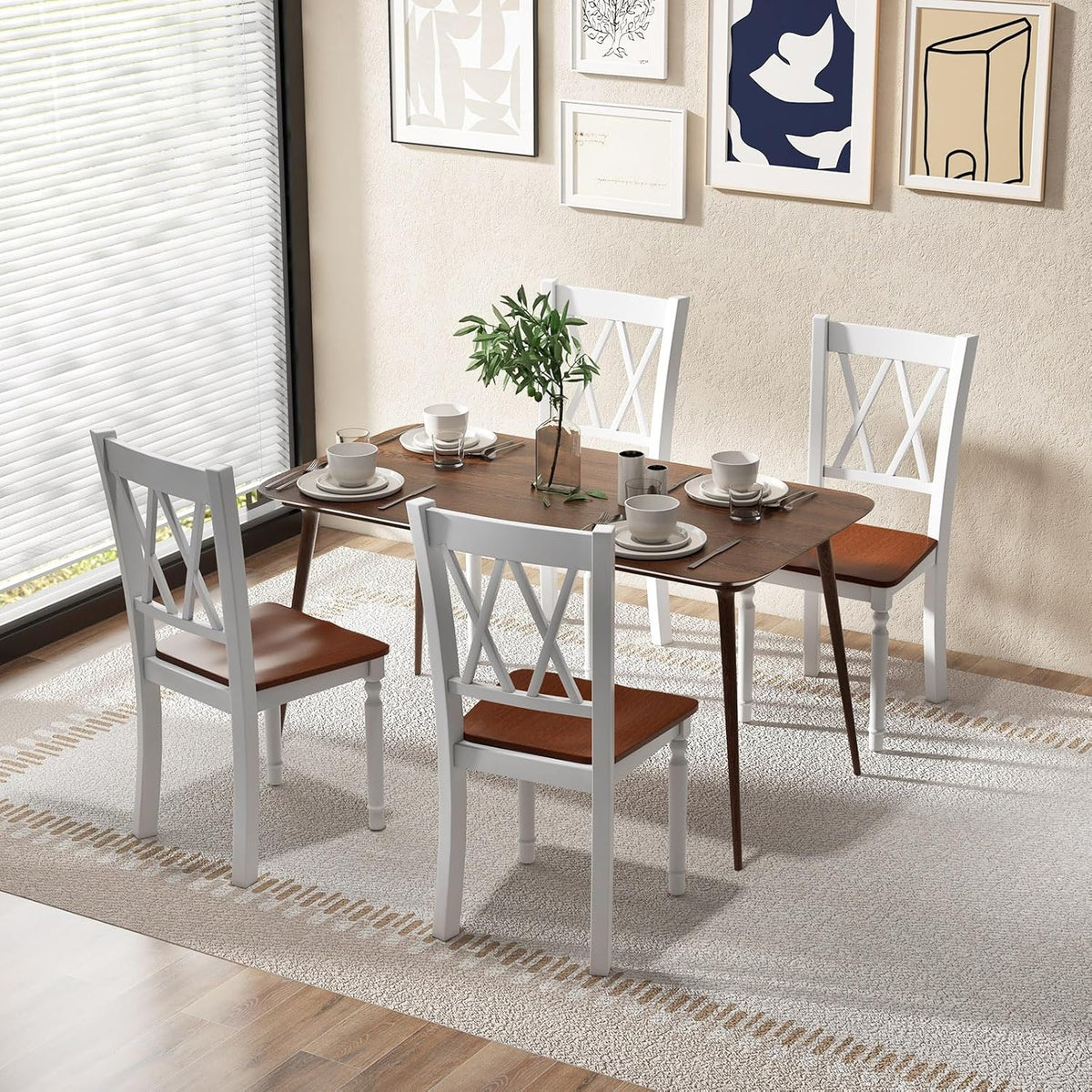 Giantex Dining Room Chairs Set of 4 White - Wooden Farmhouse Kitchen Chairs with Rubber Wood Seat, Acacia Wood Legs, Max Load 360 Lbs, Heavy Duty Wood Armless Dining Chairs with High Back