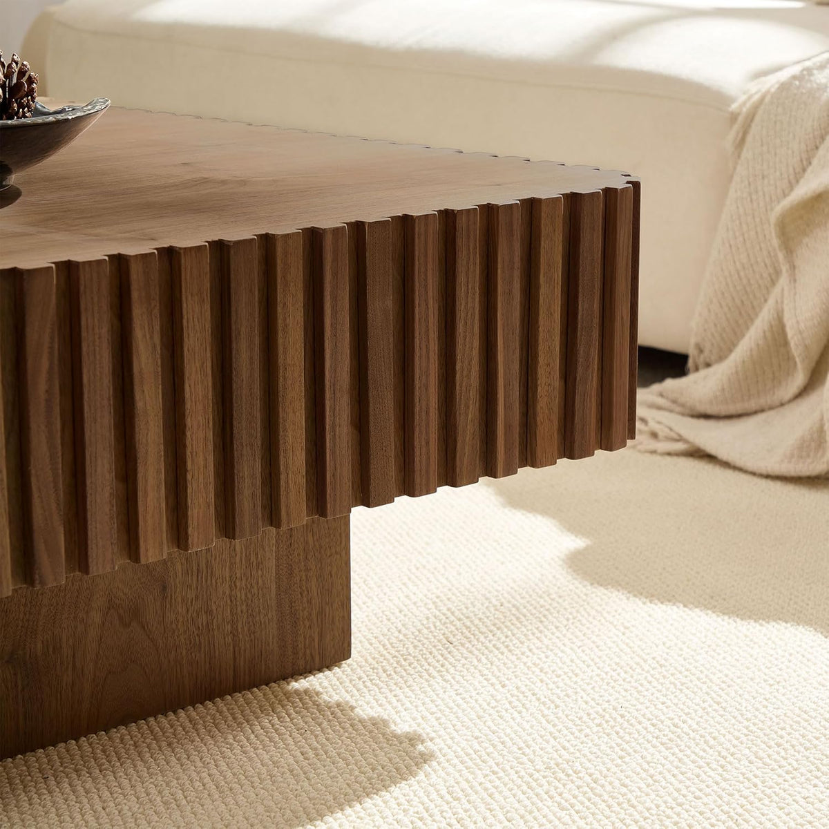 KEIKI 35" Handcraft Drum Square Wooden Coffee Table with Sturdy MDF Pedestal, Modern Style Solid Wood Relief Coffee Table, Easy Assembly, for Living Room, Bedroom, Reception Room, Walnut