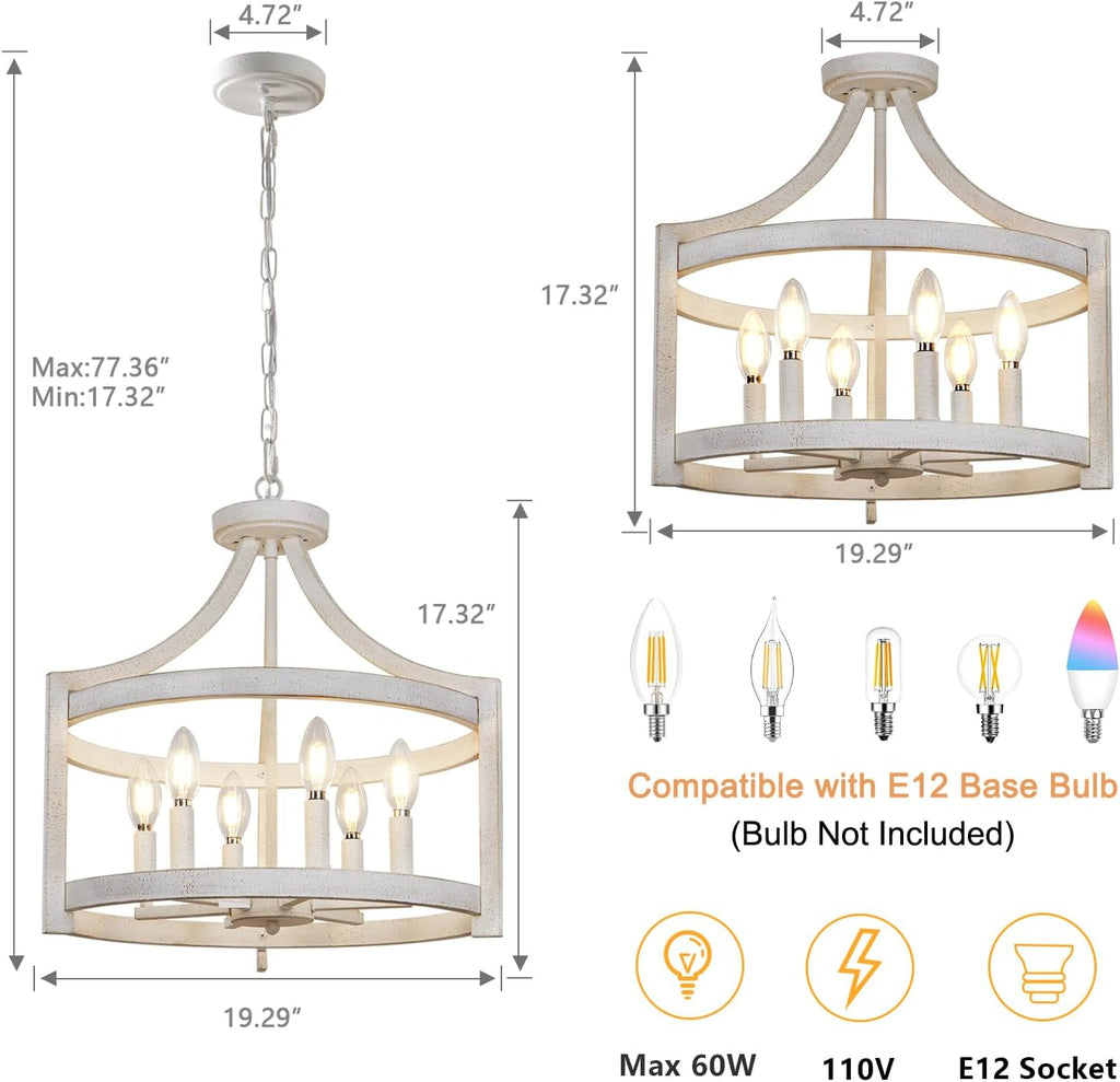 6-Light Farmhouse Chandelier, 19.3'' Vintage Chandeliers for Dining Room, Antique White Semi Flush Mount Ceiling Light, Rustic Metal Hanging Pendant Light Fixture for Entryway Foyer Hallway