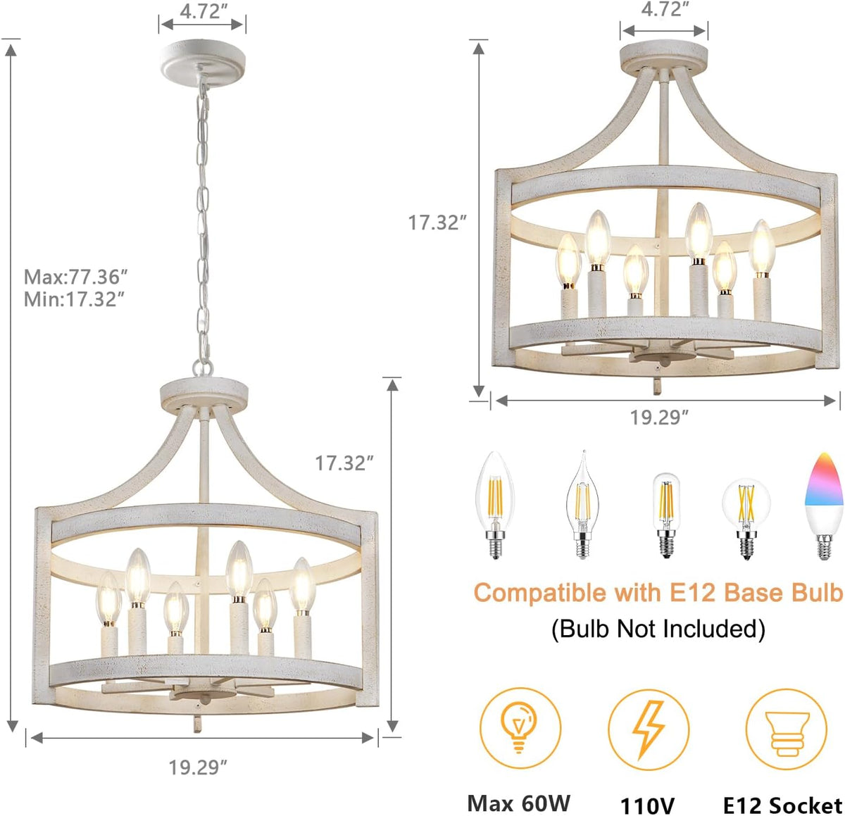 6-Light Farmhouse Chandelier, 19.3'' Vintage Chandeliers for Dining Room, Antique White Semi Flush Mount Ceiling Light, Rustic Metal Hanging Pendant Light Fixture for Entryway Foyer Hallway