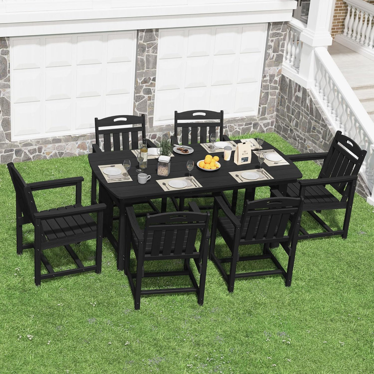 HDPE Outdoor Dining Set, Patio Table and Chairs Set, All-Weather 7-Piece Outside Table and 6 Chairs, 2" Umbrella Hole, Outdoor Furniture for Garden, Poolside, Backyard, Deck | Black