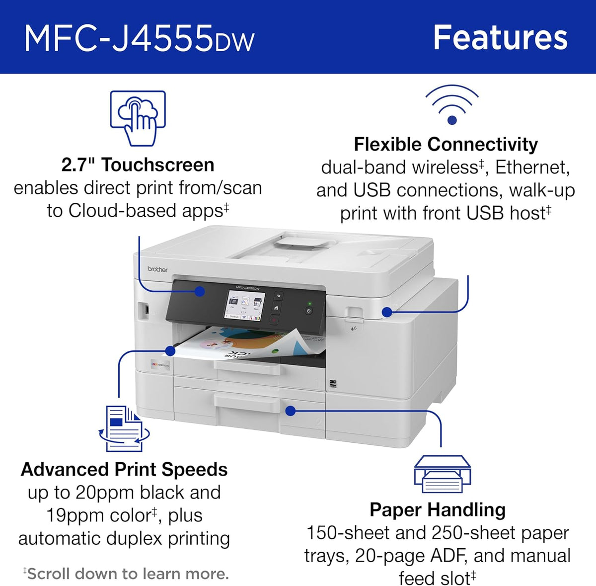 Brother INKvestment 4555 Wireless Color Inkjet All-in-One Printer with 2.7” Color Touchscreen and 2 Paper Trays | Includes Refresh Subscription Trial(1) (MFC-J4555DW)