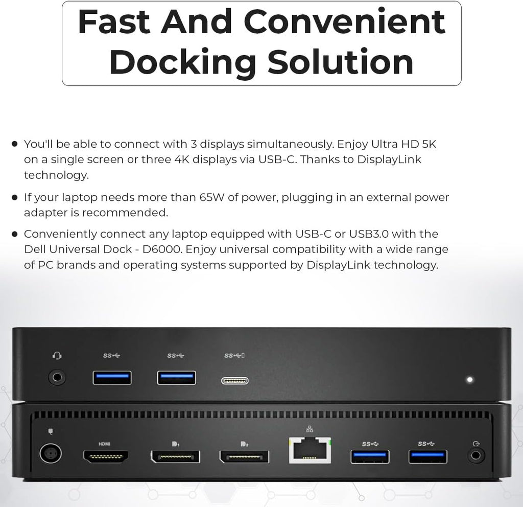 D6000 Dell Docking Station Dual Monitor - USB C Universal Dock with 130W Adapter, HDMI, DisplayPort, USB-C Cables - Supports 4K Display (Renewed)